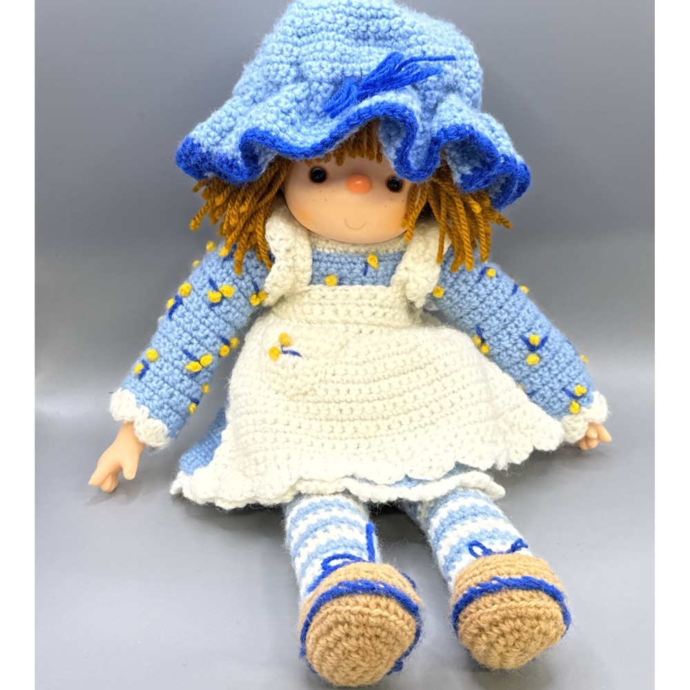 Vintage Handmade Rubber Face & Hands Doll Crocheted Apron Dress Yarn Hair 16"